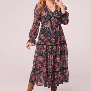 BAND OF THE FREE RUN THE WORLD DARK GREEN PAISLEY EMPIRE WAIST MIDI DRESS